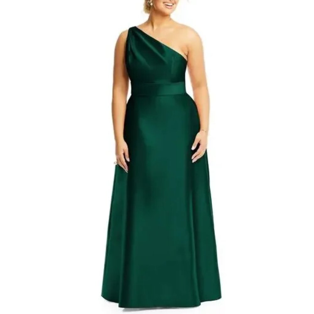 Alfred Sung Hunter Green One-Shoulder Satin Twill A-Line Maxi Gown
